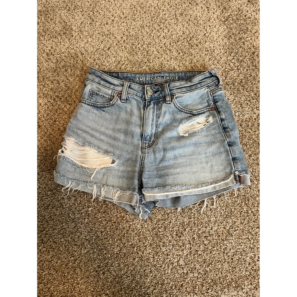 American Eagle Women's Mom Short Sz 0 Blue Distressed Strigid High Waisted Denim
